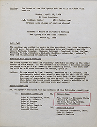 Meeting minutes for the New Agency for the Hill District - later the Hill House Association, on which Elsie served as a board member, 1964. (Copyright: Hill House Association